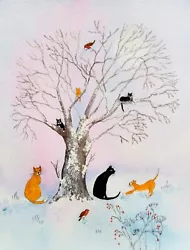 Buy ORIGINAL WATERCOLOUR PAINTING:  CATS, KITTENS & ROBINS IN THE SNOW 8  X 10   • 25£