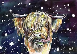 Buy Highland Moo Cow In The Snow, Handsome Moo Cow Original Watercolour Painting • 179.99£