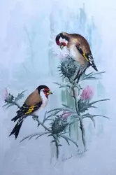 Buy Modern Art - Study Of A Pair Of Goldfinches On A Thistle Plant By Janet Taylor • 9.95£