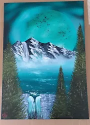 Buy Mountain Waterfall  Moon Lake Evergreen Trees Signed Unframed Oil On Canvas  • 20£