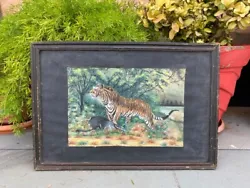 Buy Vintage Tiger In The Jungle Acrylic Painting Artwork By Local Artist Framed • 200.47£