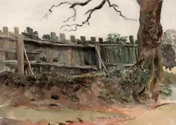 Buy Fence & Tree In Landscape - Antique Watercolour Painting - 19th Century • 250£