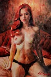 Buy Original Mario Mendoza  Female Woman Oil Painting Art Nude Red Hair Secrets Cute • 1,500£