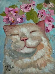 Buy Cat Portrait ORIGINAL Oil Painting Spring Wall Decor 8x12” Cherry Blossom Art • 57.05£