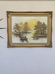 Buy Mid Century Large Japanese Fishing Boat & Village Beautiful Framed Oil Painting • 79.05£