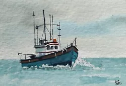 Buy ACEO Original Watercolour Painting. Fishing Boat Out At Sea.  English Seascape.  • 2.95£