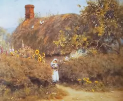 Buy THATCHED COTTAGE WITH SUNFLOWERS. PRINT OF A 1900s PAINTING BY H ALLINGHAM. • 2.69£