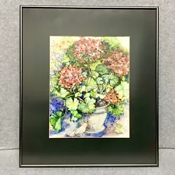 Buy Beautifully Framed Original Watercolor  Painting Geraniums & Bird Vintage Signed • 56.85£