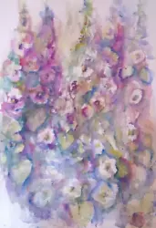 Buy Original Impressionist Watercolour Painting Of 'Hollyhocks' 8 X 12 Inches • 0.99£