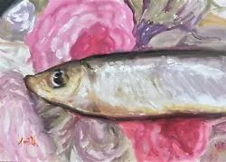 Buy Sale - Original Oil Painting Fish On A Brampton Rose Plate Contemporary Art. • 59£