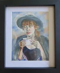 Buy Red Head Woman With A Coffee Original Watercolour Painting Moody 11 ×9  Framed  • 125£