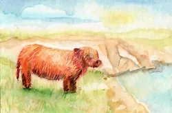 Buy Watercolor Painting ORIGINAL Art Highland Cow Landscape 6x9  • 38.13£