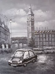 Buy Black White London City Scape Large Oil Painting Canvas Taxi England British Art • 17.95£