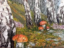 Buy Original Oil Painting Mushroom Artwork Birches Art Trees Painting 9.5 X 12 • 48.21£