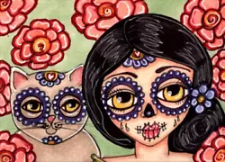 Buy ACEO Original Painting Day Of The Dead Big Eye Girl Cat Cary Cameron • 16.58£