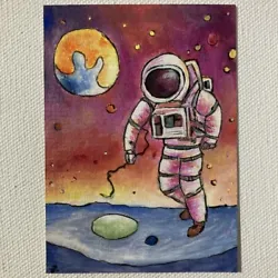 Buy ACEO ORIGINAL PAINTING Mini Collectible Art Card Space Moon Earth Lunar Wanderer • 8.29£