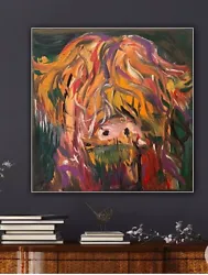 Buy Highland Cow ‘Hazel Huggle’ Abstract Original Oil Painting On Canvas 40x40cm • 150£