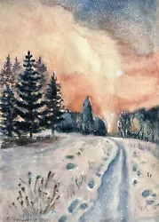 Buy Original Watercolor Painting A4 Sunset Winter Forest Snow Field  Christmas • 40.15£
