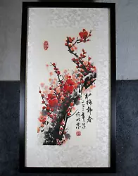 Buy Lovely Vintage Framed Oriental Signed Red Plum Blossom Watercolour & Silk Edges • 50.95£