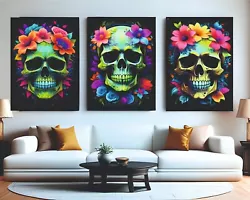 Buy Neon Painted Skulls In Flowers Abstract Painting Print Set Of 3 Goth Emo Decor • 199£