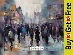 Buy Vibrant City Crowd Oil Painting Print 5 X7  On Matte Paper - Urban Life • 4.99£