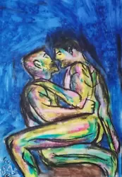 Buy Men Kissing Portrait Abstract, Modern Art, Oil Chalk, A4 Paper, Unique • 38.54£