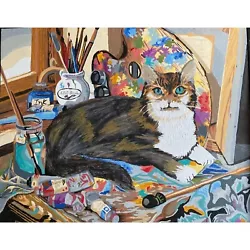 Buy 2007 My Cat Is An Artist Blue Eyes Calico Acrylic Painting • 73.59£