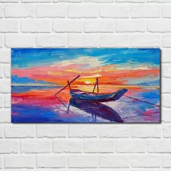 Buy Glass Print 100x50 Oil Painting Boat Sunset Picture Wall Art Home Decor  • 89.99£
