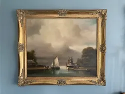 Buy Original Vintage Oil Painting, Dutch Winter Scene With Boats And Windmill • 79.99£