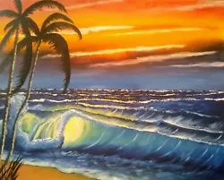 Buy Original Artwork Painting Tropical Sunset Palm Trees Bob Ross Style 40x50cm • 50£