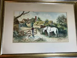 Buy M Brown 1916  Man, Dog And Two Horses In Landscape  Watercolor Painting - Framed • 233.89£
