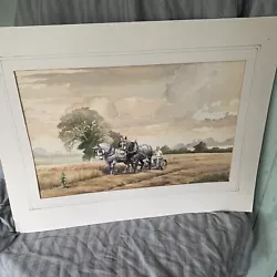 Buy Watercolour Painting Of Shire Horses A Cart In A Field With Trees. Signed Peppf • 15£