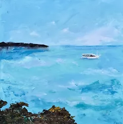 Buy California Boat Painting Seascape Original Canvas Artwork Impasto 14 By 14 In • 62.16£