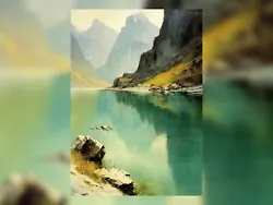 Buy Tranquil Retreat: Lake Surrounded By Mountains Watercolor Painting Print 5 X7  • 4.99£