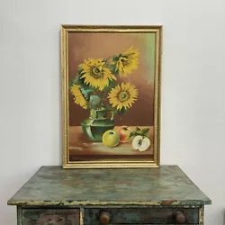 Buy Vintage Sunflower & Apple Fruit Floral Still Life Portrait Original Oil Painting • 29.99£