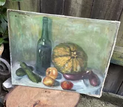 Buy Vintage Mid Century Still Life Oil Painting Signed Unframed Canvas Bottle Fruit • 74.57£