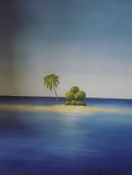 Buy Deserted Island Palm Tree Large Oil Painting Canvas Blue Ocean Seascape Minimal • 38.95£