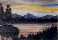 Buy ACEO Original Painting Landscape Art Hills Mountains Lake Sunset Watercolour • 5.50£