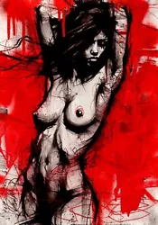 Buy Nude Female ORIGINAL PAINTING Charcoal Urban Art Naked Lady NO RESERVE XX265 A3 • 31£