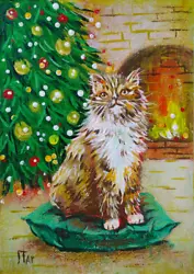 Buy Original Painting Christmas Tree Cat Portrait 3.5 X 5 In  Fireplace • 29.03£