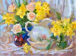 Buy Daffodils And Roses Painting Original Oil On Linen Still Life Impressionism Art  • 1,133.99£