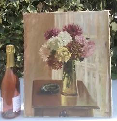 Buy VINTAGE FRENCH OIL PAINTING, CHRYSANTHEMUMS, SIGNED, 46x39cm - 1947 MID CENTURY • 70£