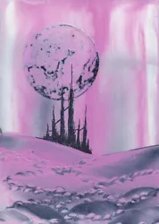 Buy ORIGINAL ACEO Encaustic Art FANTASY Landscape BEESWAX Painting CERISE Moon PINK • 2.50£