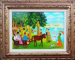 Buy People In Park Boats Horse Carriage Primitive Folk Painting By Agnes Neusch • 397.45£