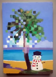 Buy Kitsch Snowman Beach Scene - Original Acrylic Painting (21x29.7cm) Glorious Melt • 25£