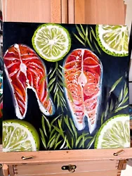 Buy Salmon Fish Lime Original Oil Painting- Still Life Food Herbs Realism Art Sale • 250£