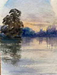 Buy 19th Century MINIATURE WATER COLOUR LAKE TREES CHURCH IN DISTANCE • 16£
