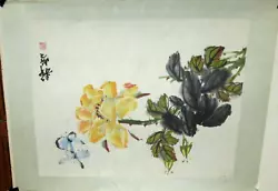 Buy Chinese Blue Butterflies On Yellow Rose Original Watercolor Painting Signed • 472.49£