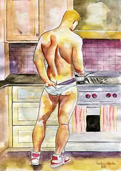 Buy PRINT Of Original Art Work Watercolor Painting Gay Int. Male Nude  Let's Cook  • 17.95£