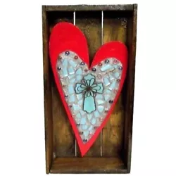 Buy Heart Sculpture OOAK Folk Art Turquoise Cross Assemblage 24 Inch Red Wood Dioram • 188.99£